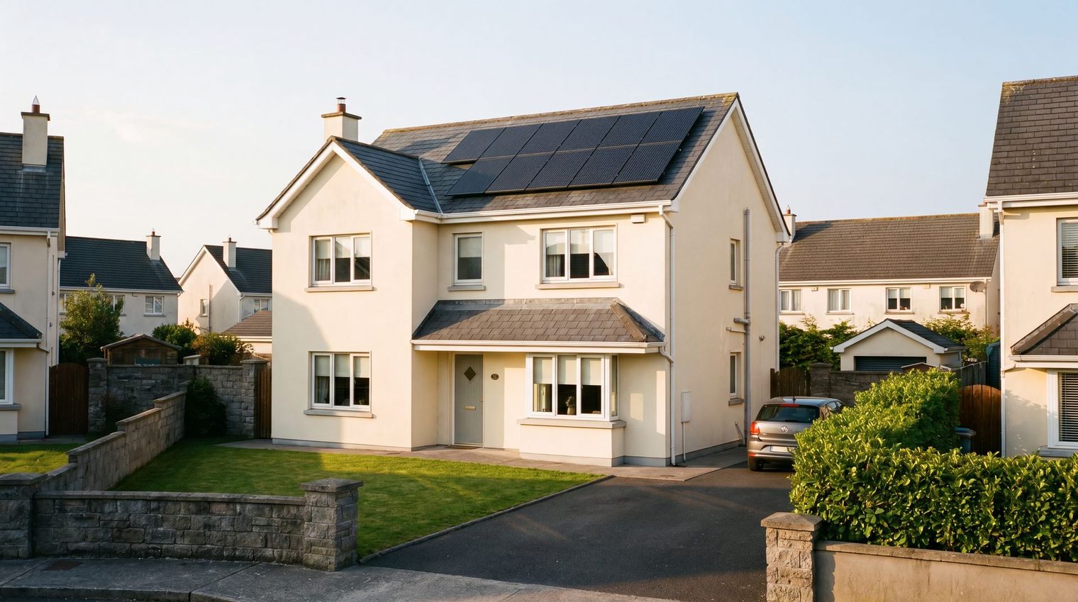 Modern two-storey Irish home with rooftop solar panels installed by EGR